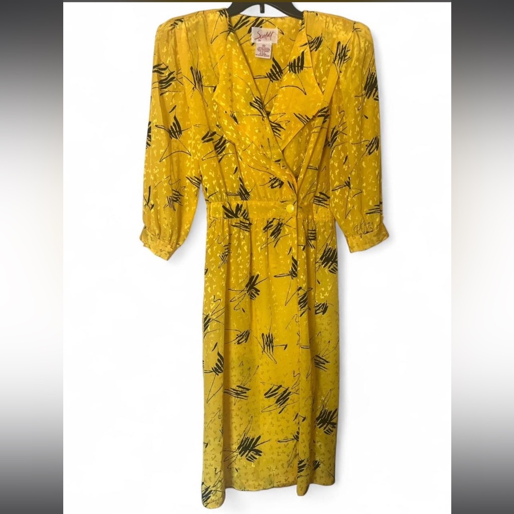 Vtg 90s Scarlett Yellow Wrap Dress Abstract Print Junior 5/6 Women’s approx XS/S